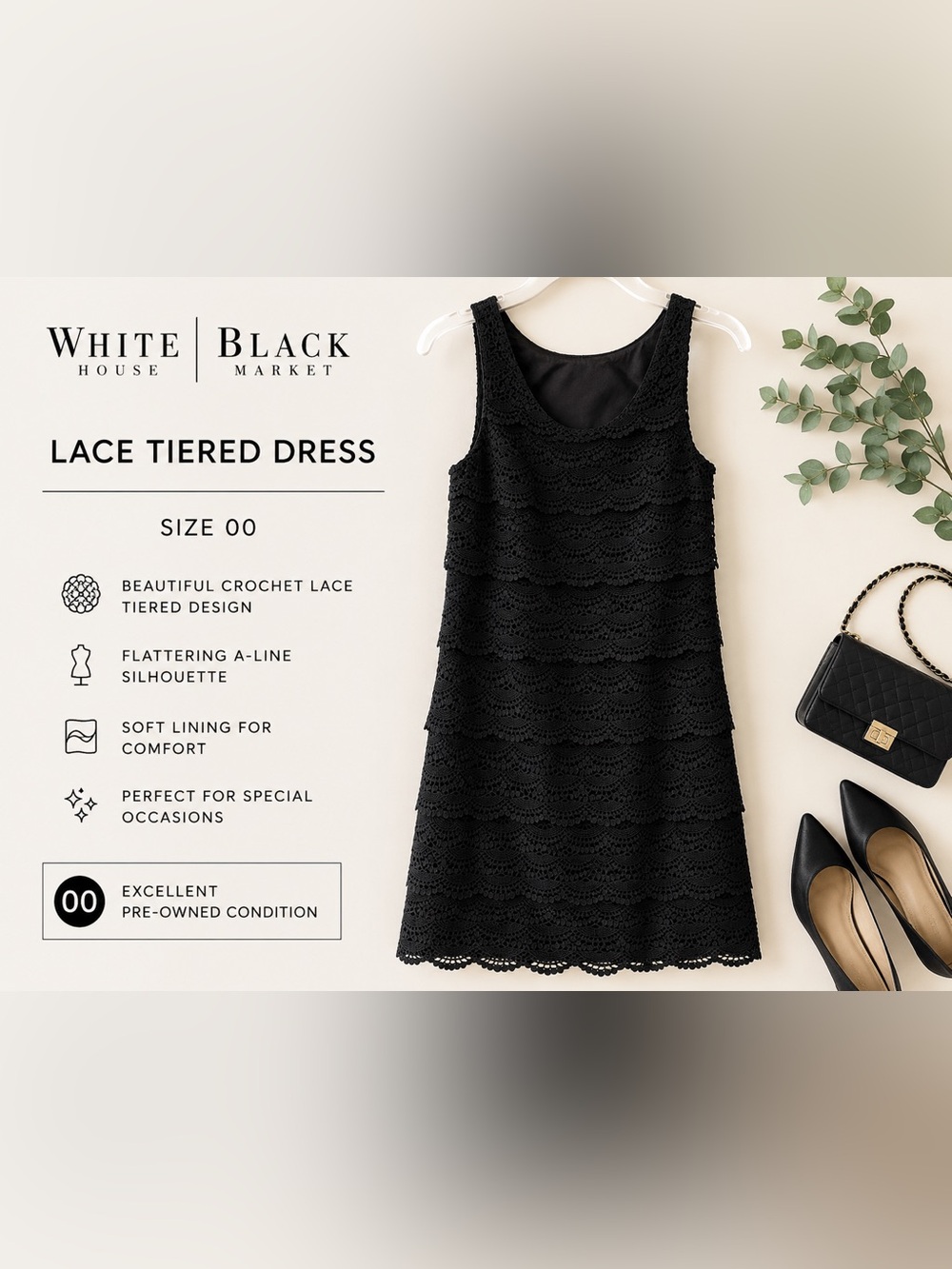 White House Black Market Black Lace Tiered A-Line Dress